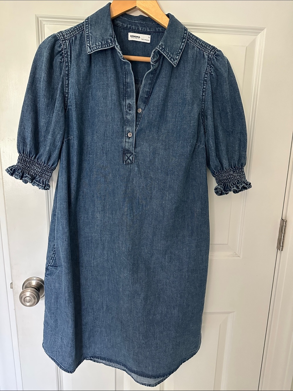 Sonoma Denim Puff-Sleeve Midi Dress - Blue size Small